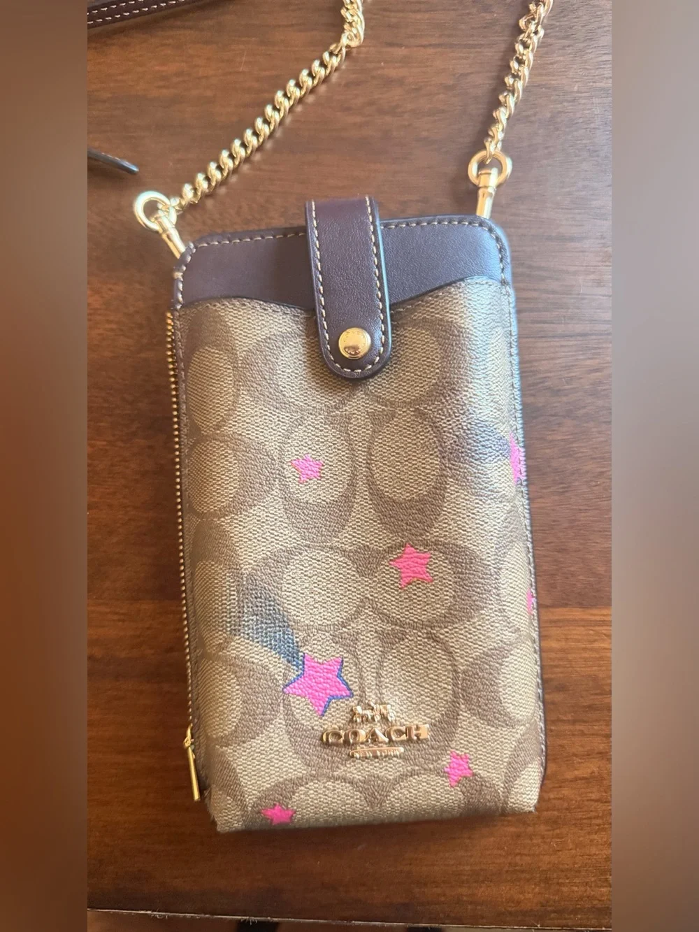 Coach Brown Signature Star Crossbody Phone Wallet with Pink Accents - Picture 4 of 4